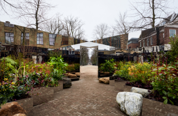 Spiegelende tuin gevuld met planten in de buitenlucht