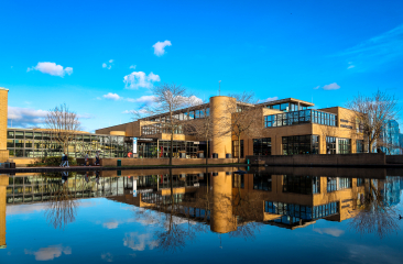 Museon-Omniversum met vijver en blauwe lucht