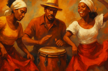 Promotiebeeld voor Roots of Rhythm. Een latin muzikant bespeeld een djembé en staat in het midden van twee danseressen in zwierige rode rokken. 