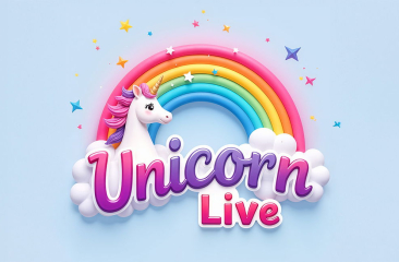 Een kleurrijke regenboog met een eenhoorn en wolken en de tekst "Unicorn Live" 