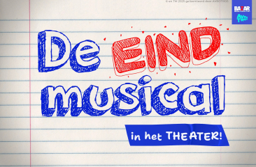 Promotiebeeld van "De Eindmusical" met kleurrijke letters op lijntjespapier geschreven met pen en de tekst "in het THEATER!" onderaan.