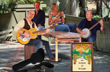 Muzikanten spelen samen buiten op snaarinstrumenten.
