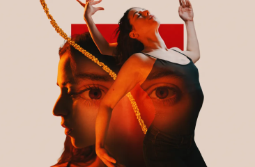 Promotiebeeld voor de dansvoorstelling Triple vision. De ogen, het gezicht en het lichaam van een vrouw zijn samengevoegd in een roodkleurige artistieke collage