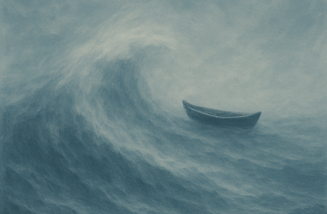 Kleine boot op woelige zee met hoge golven