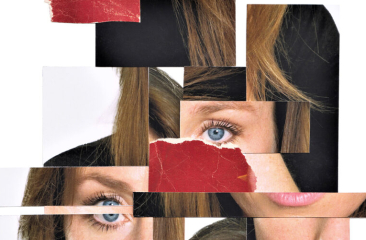 Collage van vrouwengezicht met blauwe ogen en rood papier