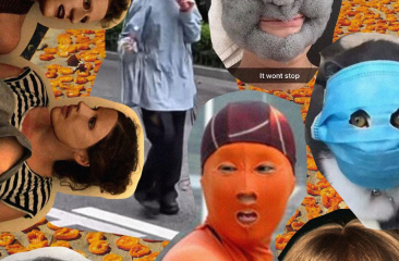 Collage van expressieve gezichten, gemaskerde personen en knip- en plakwerk op achtergrond vol oranje objecten.