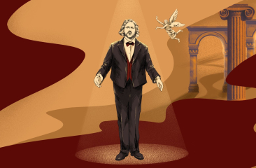 Illustratie van een man in smoking onder een spotlicht, met een vliegende engel en zuil op de achtergrond
