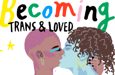 Illustratie Becoming Trans & Loved met zoenend duo