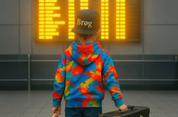 Een jongen met een kleurrijke hoodie en een koffer kijkt naar een vertrekbord.