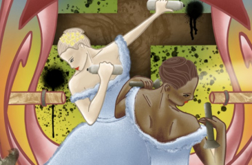 Twee vrouwen in blauwe jurken dansen met rollen papier.