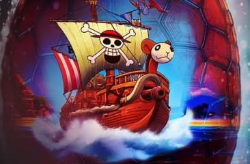 A pirate ship featuring a skull and a teddy bear.
