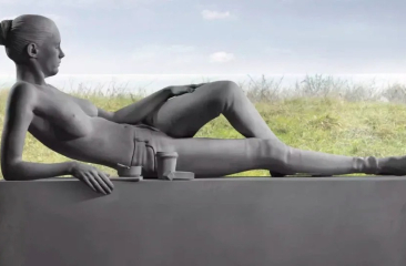 Black sculpture of a reclining woman in a glass setting with a green background.