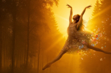 Danseres springt tussen bomen met een gouden achtergrond.