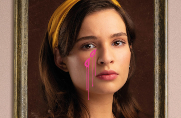 Portret met roze traan op het gezicht geschilderd.