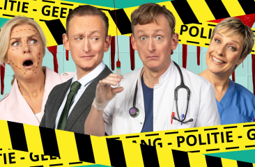 Promotiebeeld voor Dubbel Op. Vier personages uit de schoonheidskliniek worden afgebeeld op een bloederige achtergrond met politie afzetlint. 