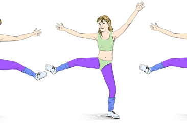 Illustratie van drie identieke vrouwen in jaren 80-aerobickleding die synchroon een been optillen tegen een witte achtergrond