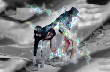 Twee figuren in hoodies met digitale glitch-effecten