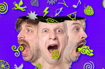 Drie mannen met open mond, elk met een deel van hun hoofd open alsof het een deksel is, waaruit allerlei felgekleurde symbolen en vormen komen zoals spiralen, muzieknoten, sterren en bliksemschichten, op een felpaarse achtergrond. De gezichten drukken verrassing of verwarring uit.