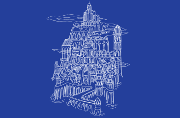 Witte lijntekening van een fantasiekasteel met torens en muren op een egaal blauwe achtergrond