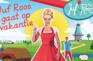 Afbeelding van "Juf Roos gaat op vakantie" met Juf Roos en Gijs in een kleurrijk, zomers landschap met molen en boerderij.