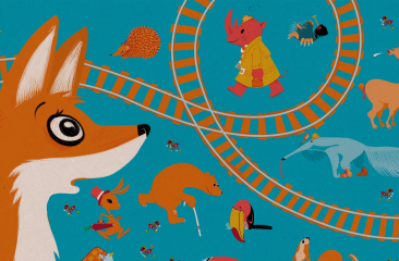 Verschillende dieren op een blauwe achtergrond en treinrails 