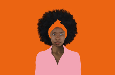Vrouw met afro, roze blouse en oranje achtergrond