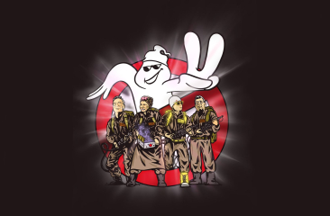 Illustratie van de Ghostbusters voor het iconische rode logo met wit spook dat twee vingers opsteekt.