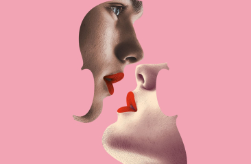 Twee gezichten met rode lippen vormen elkaars silhouet in roze achtergrond, in grafisch en surrealistisch ontwerp.