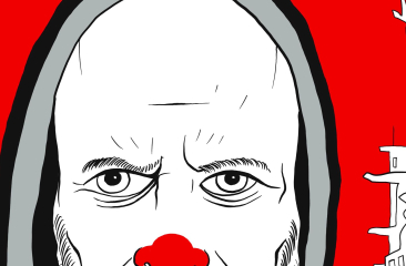 Illustratie van streng kijkende clown met rode neus