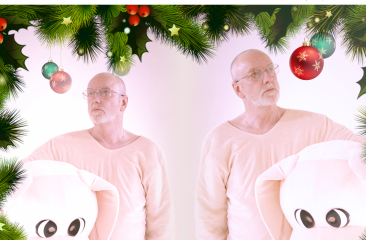 Ton Kas staat tweemaal afgebeeld op een kerstkaart. Hij poseert met een knuffelhond. De kaart is omlijst met dennentakken en kerstballen. 