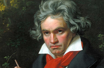 Schilderij portret Beethoven serieus schrijvend in bladmuziek.jpg
