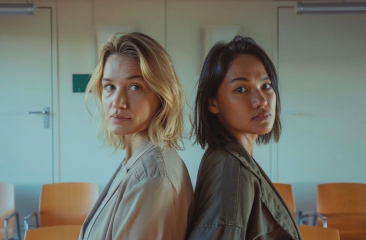 Twee dames staan met ruggen tegen elkaar aan