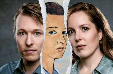 ChatGPT zei: Twee mensen met daartussen een gescheurde illustratie van een gezicht dat hun blikken verbindt