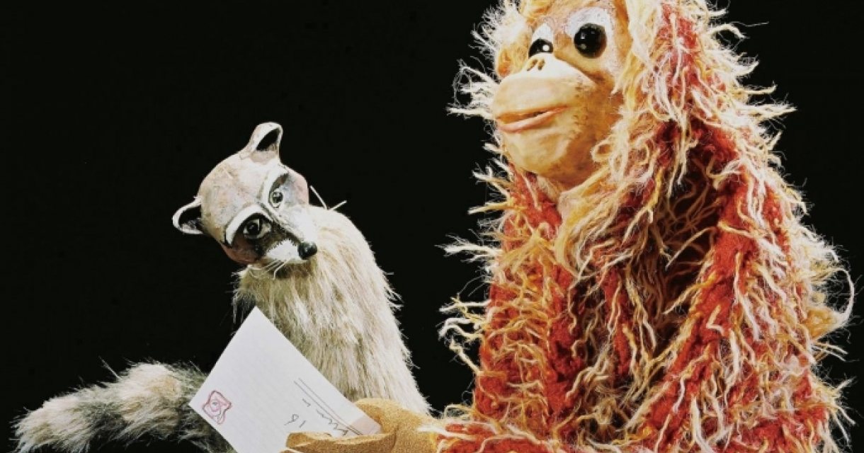 Aap- en wasbeerpop lezen samen een brief