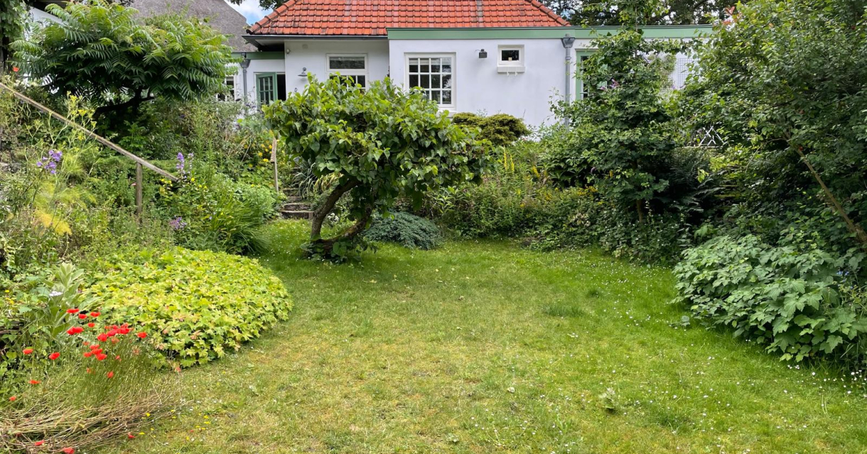 Groen grasveld met een huis op de achtergrond Groen grasveld met een huis op de achtergrond