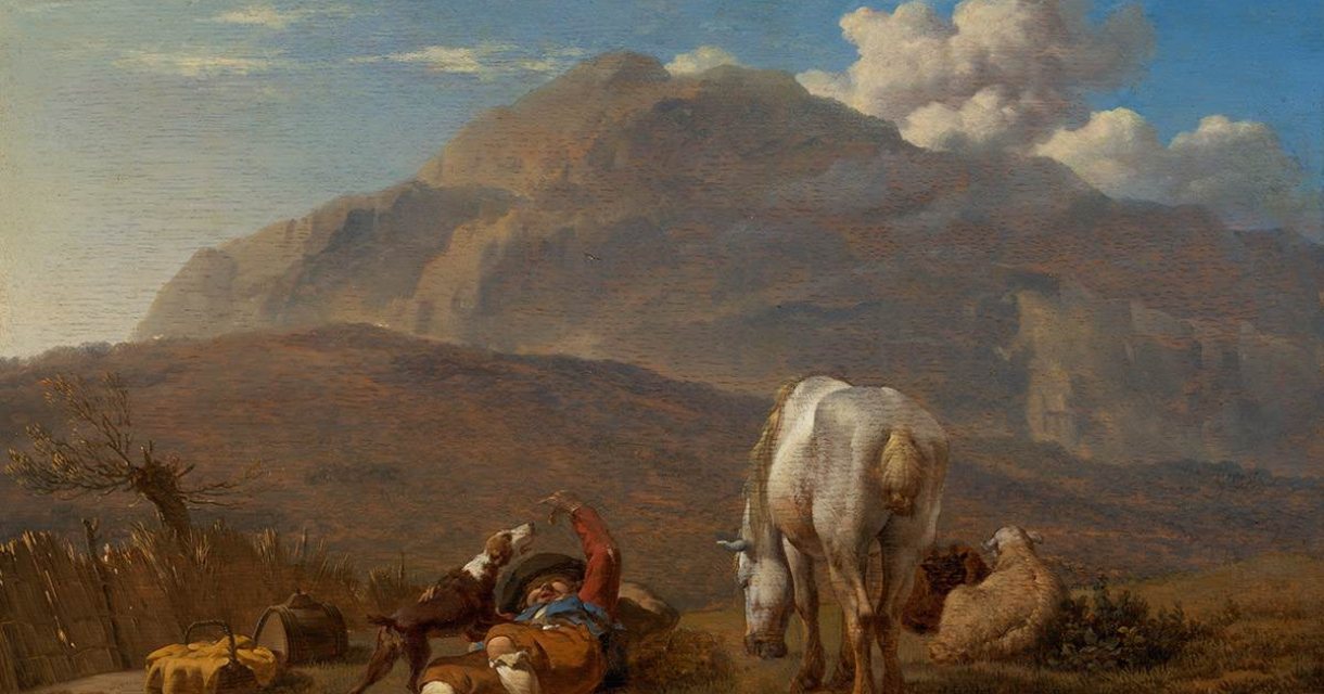 Karel Dujardin - Italiaans landschap met een jonge herder spelend met zijn hond Karel Dujardin - Italiaans landschap met een jonge herder spelend met zijn hond