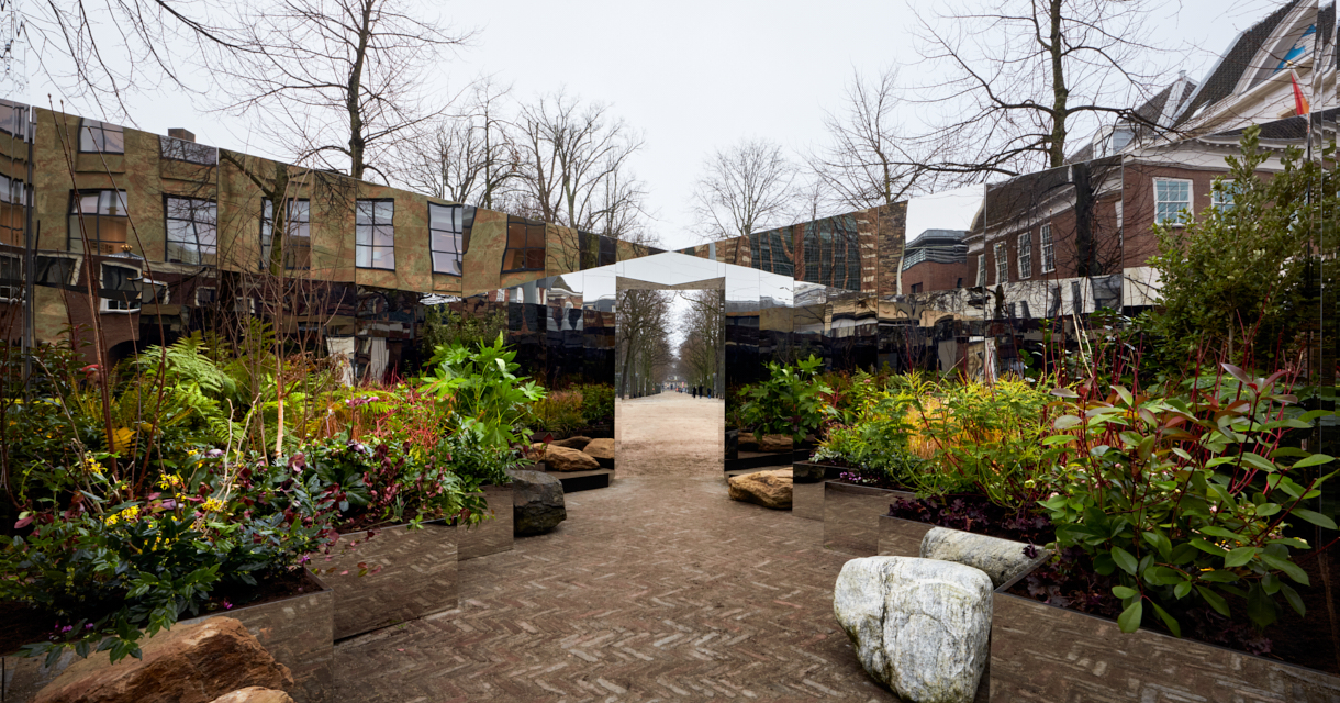 Spiegelende tuin gevuld met planten in de buitenlucht