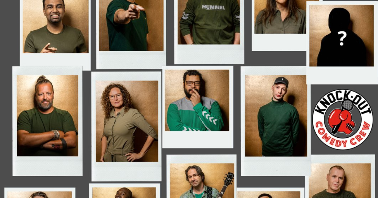 Portretten van Knock-Out Comedy Crew met logo. Portretten van Knock-Out Comedy Crew met logo.