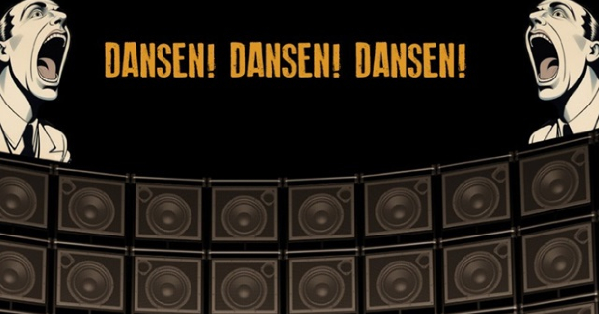 Banner Zwarte Ruiter dansavond Allerluidst met zwarte achtergrond met geluidsboxen en twee cartoon mannen die roepen dansen! Banner Zwarte Ruiter dansavond Allerluidst met zwarte achtergrond met geluidsboxen en twee cartoon mannen die roepen dansen!