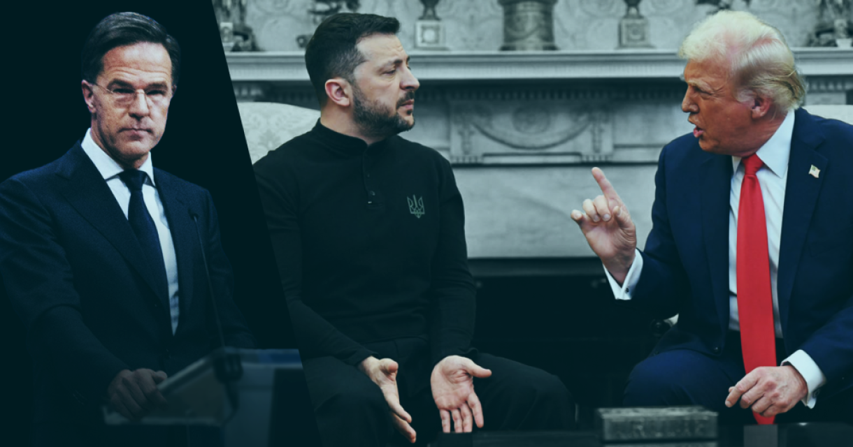 Montage van Mark Rutte achter een spreekgestoelte, Volodymyr Zelensky in gesprek met Donald Trump in een officiële setting Montage van Mark Rutte achter een spreekgestoelte, Volodymyr Zelensky in gesprek met Donald Trump in een officiële setting
