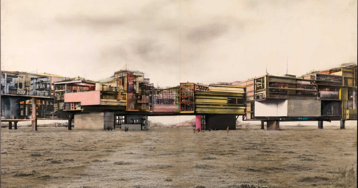 Visie op New Babylon van Constant Nieuwenhuys. Een collageachtige tekening toont een futuristisch stadslandschap met modulaire, kleurrijke gebouwen op hoge poten boven een lege vlakte. De structuur bestaat uit transparante en gesloten volumes, trapsgewijs gestapeld, en doet denken aan een zwevende stad in constante opbouw. Visie op New Babylon van Constant Nieuwenhuys. Een collageachtige tekening toont een futuristisch stadslandschap met modulaire, kleurrijke gebouwen op hoge poten boven een lege vlakte. De structuur bestaat uit transparante en gesloten volumes, trapsgewijs gestapeld, en doet denken aan een zwevende stad in constante opbouw.
