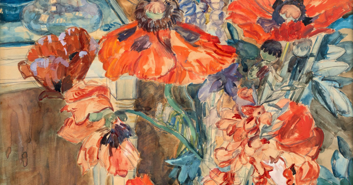 Barbara van Houten, Stilleven met klaprozen en glazen vazen op een tafel, 1891-1950, potlood en waterverf op papier Barbara van Houten, Stilleven met klaprozen en glazen vazen op een tafel, 1891-1950, potlood en waterverf op papier