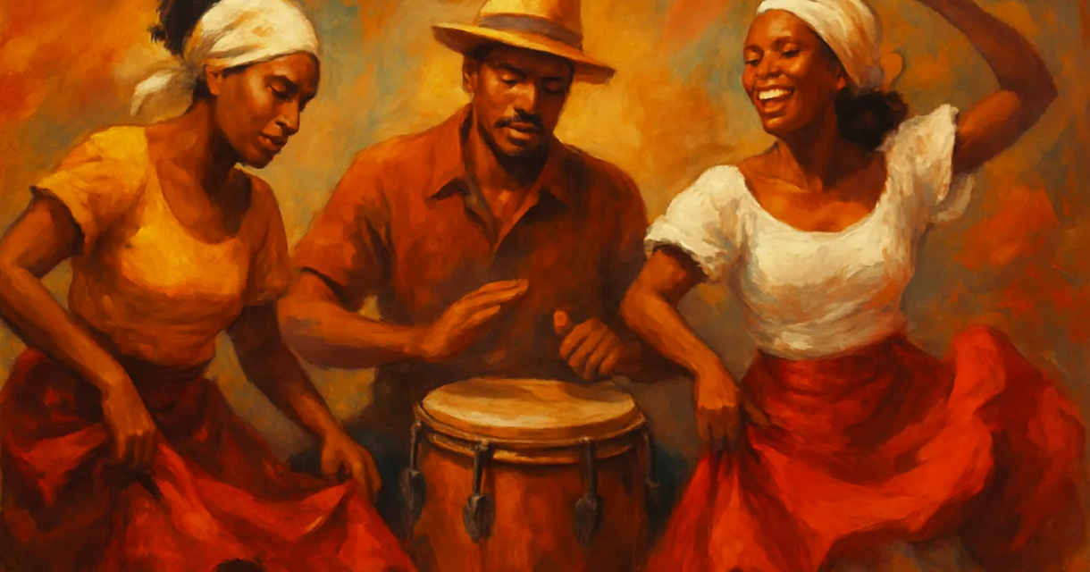 Promotiebeeld voor Roots of Rhythm. Een latin muzikant bespeeld een djembé en staat in het midden van twee danseressen in zwierige rode rokken. Promotiebeeld voor Roots of Rhythm. Een latin muzikant bespeeld een djembé en staat in het midden van twee danseressen in zwierige rode rokken.
