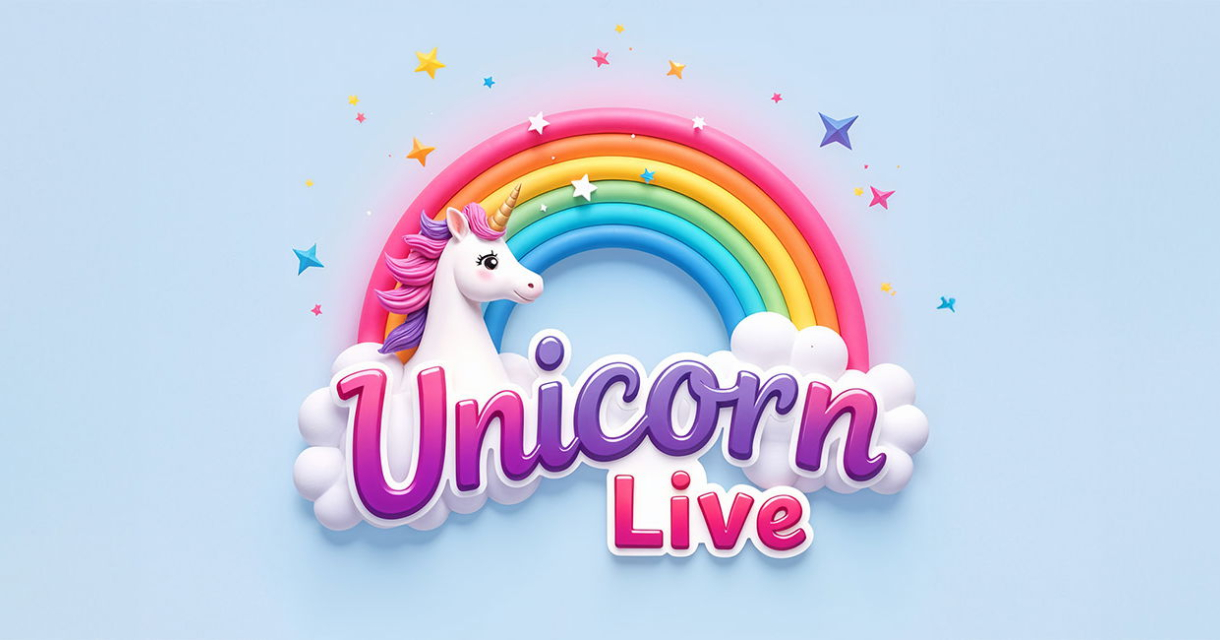 Een kleurrijke regenboog met een eenhoorn en wolken en de tekst "Unicorn Live" Een kleurrijke regenboog met een eenhoorn en wolken en de tekst "Unicorn Live"