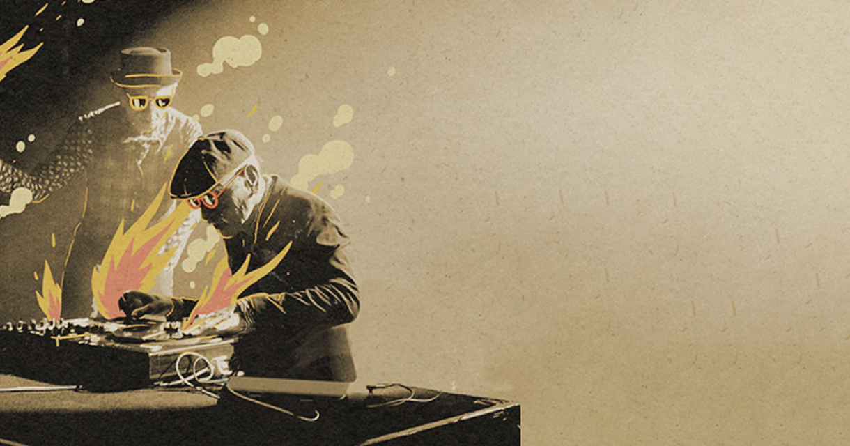 Foto met illustratie wat de sfeer aangeeft soundsystemcultuur en haar kinderen: reggae, dancehall en hiphop.