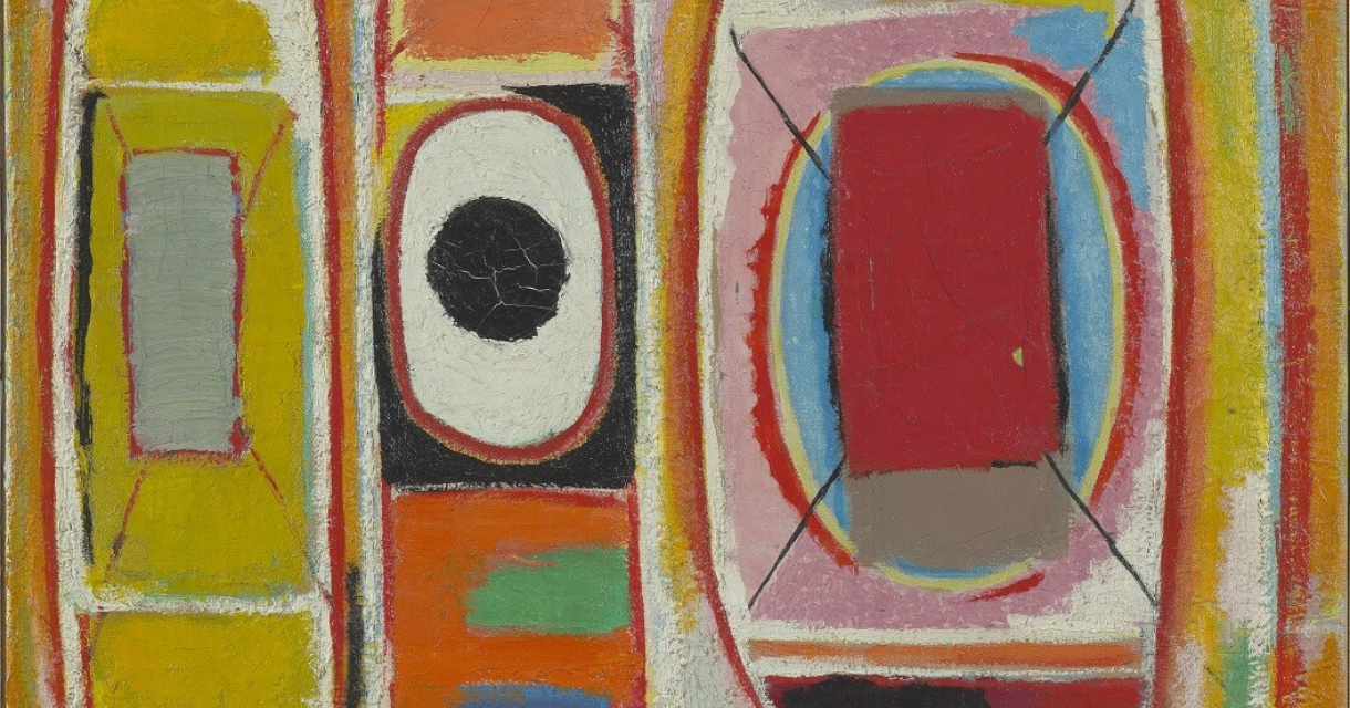 Abstract schilderij met drie gekleurde vlakken, ovalen en rechthoeken in felle tinten.