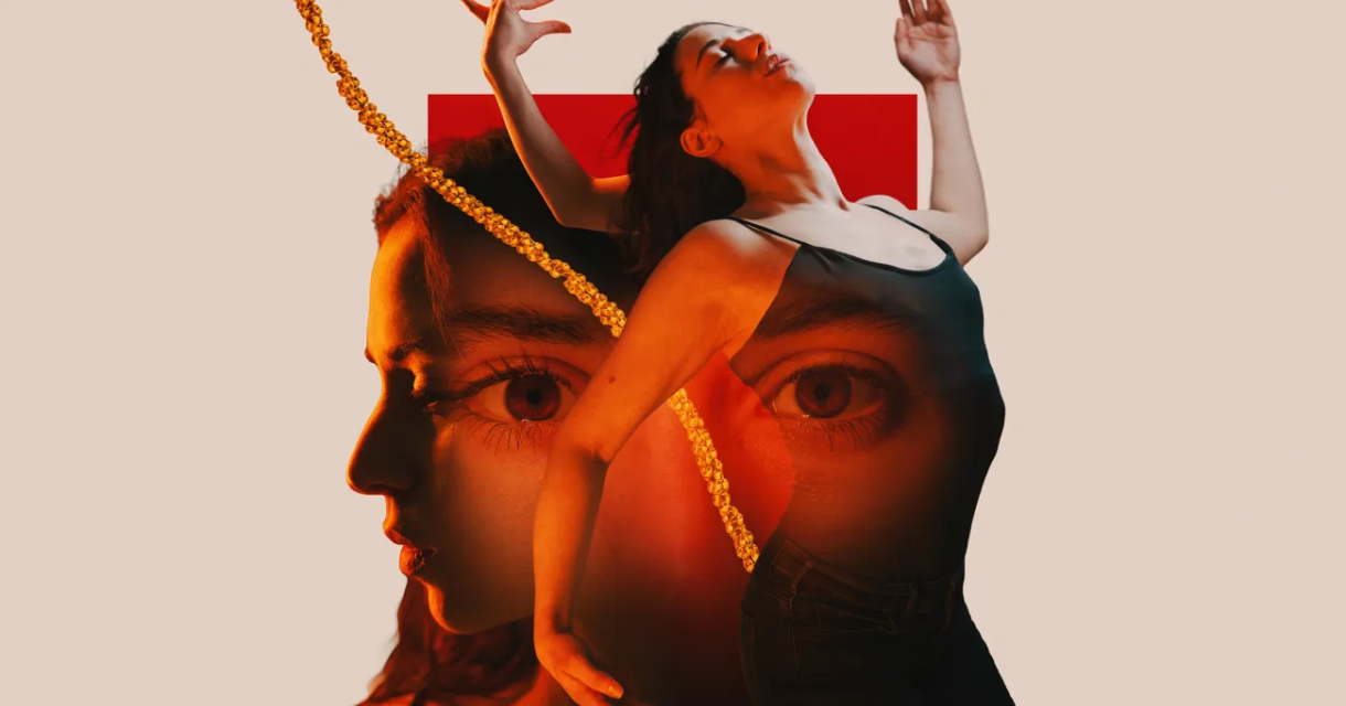 Promotiebeeld voor de dansvoorstelling Triple vision. De ogen, het gezicht en het lichaam van een vrouw zijn samengevoegd in een roodkleurige artistieke collage Promotiebeeld voor de dansvoorstelling Triple vision. De ogen, het gezicht en het lichaam van een vrouw zijn samengevoegd in een roodkleurige artistieke collage