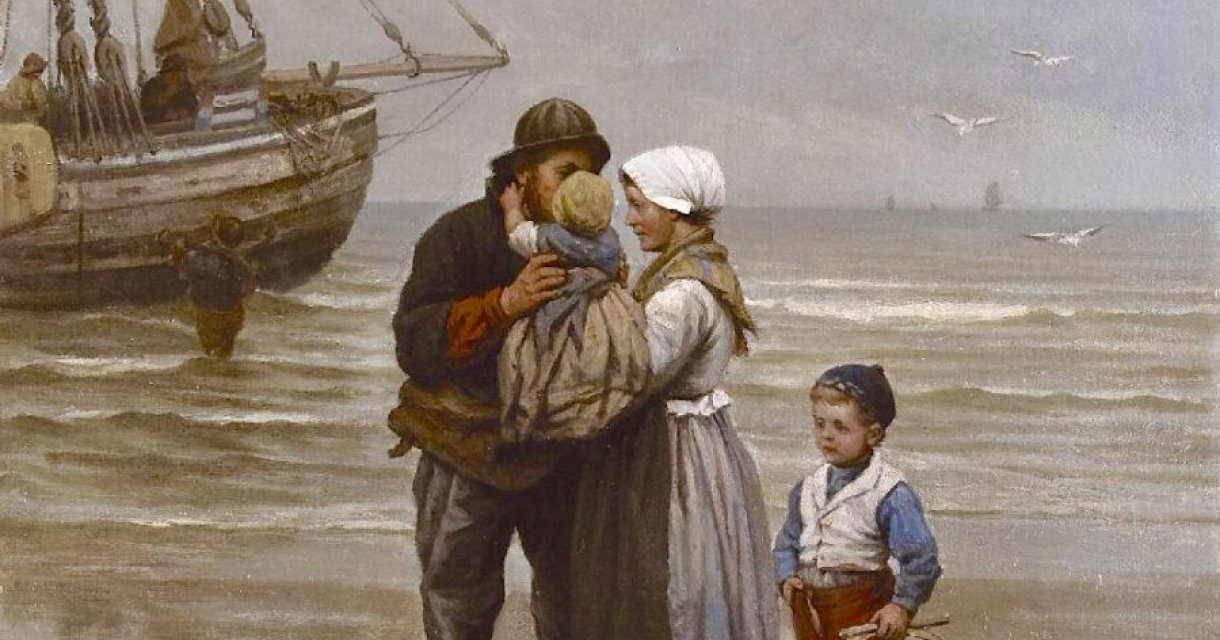 Vissersfamilie begroet elkaar op Scheveningen strand