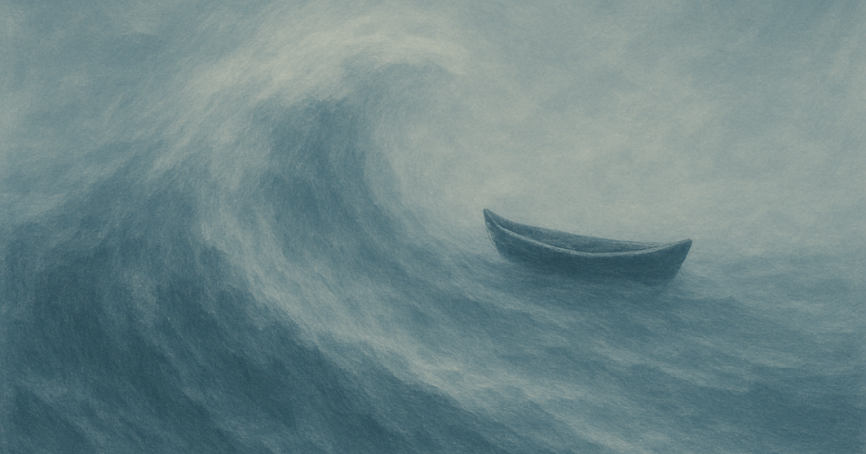 Kleine boot op woelige zee met hoge golven
