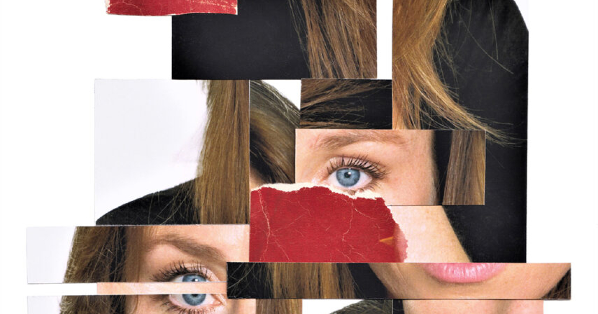 Collage van vrouwengezicht met blauwe ogen en rood papier Collage van vrouwengezicht met blauwe ogen en rood papier